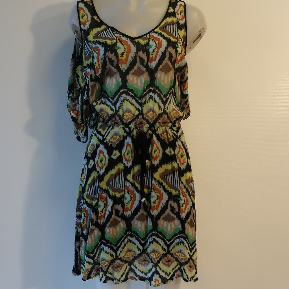 Womens Sam & Lavi Los Angeles Black/Multi Print Cold Shoulder Dress XS *